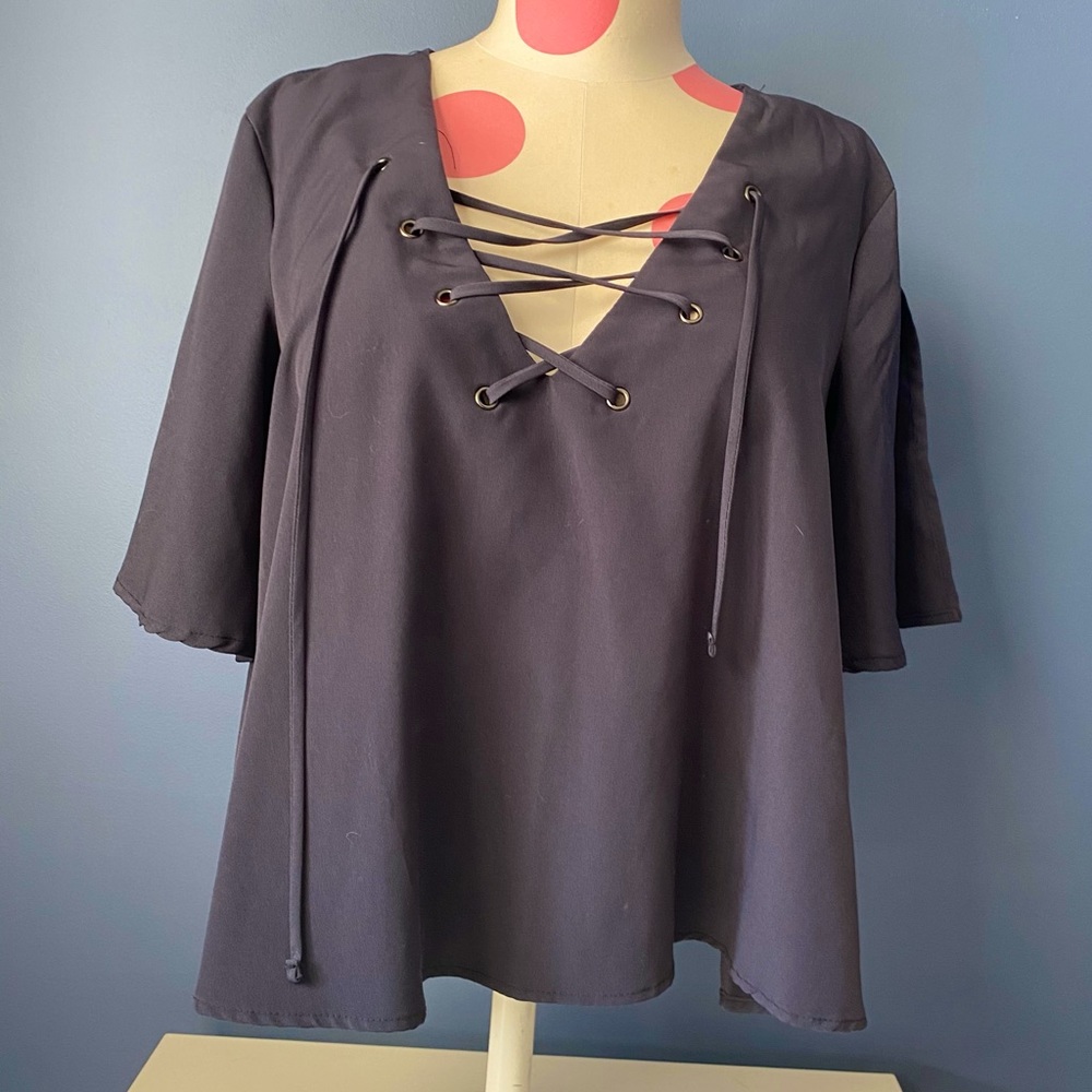 Black Short Sleeve Blouse with Front Cross Detail